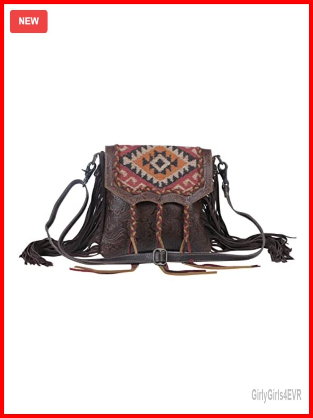 Leather Hairon Aztec Motif Saddle Shoulder Bag Adjustable Strap Magnetic Flap